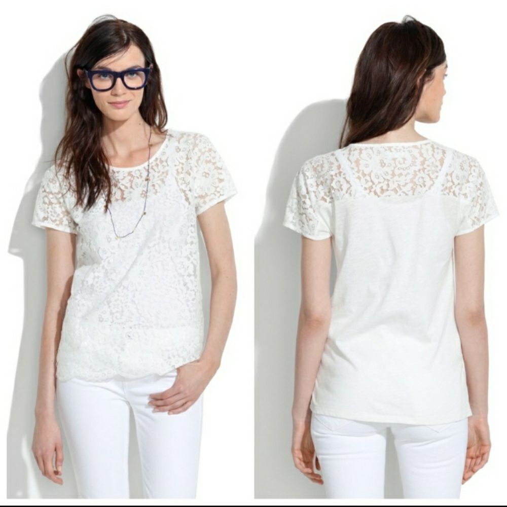 MADEWELL White Lace Front Scallop Trim Tee